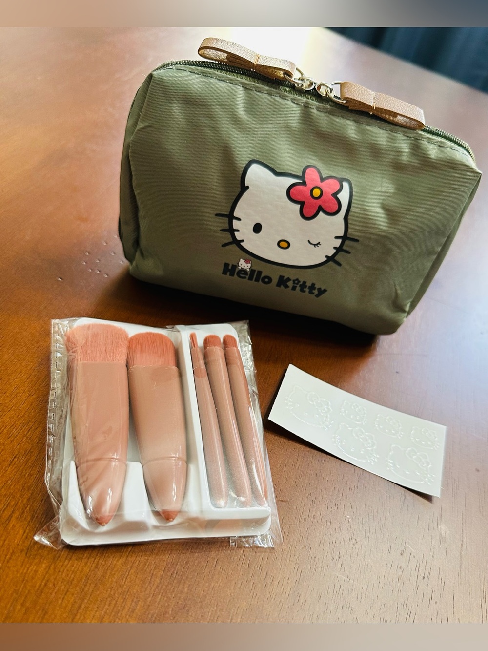 Hello Kitty Olive Green Cosmetic Pouch with Makeup Brush Set
